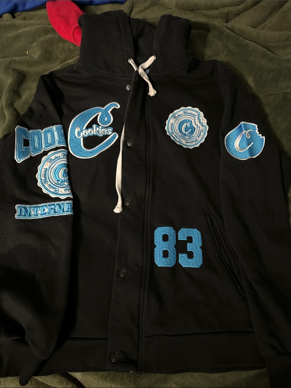 Cookies Black Hooded Varsity Jacket with Blue Appliqué